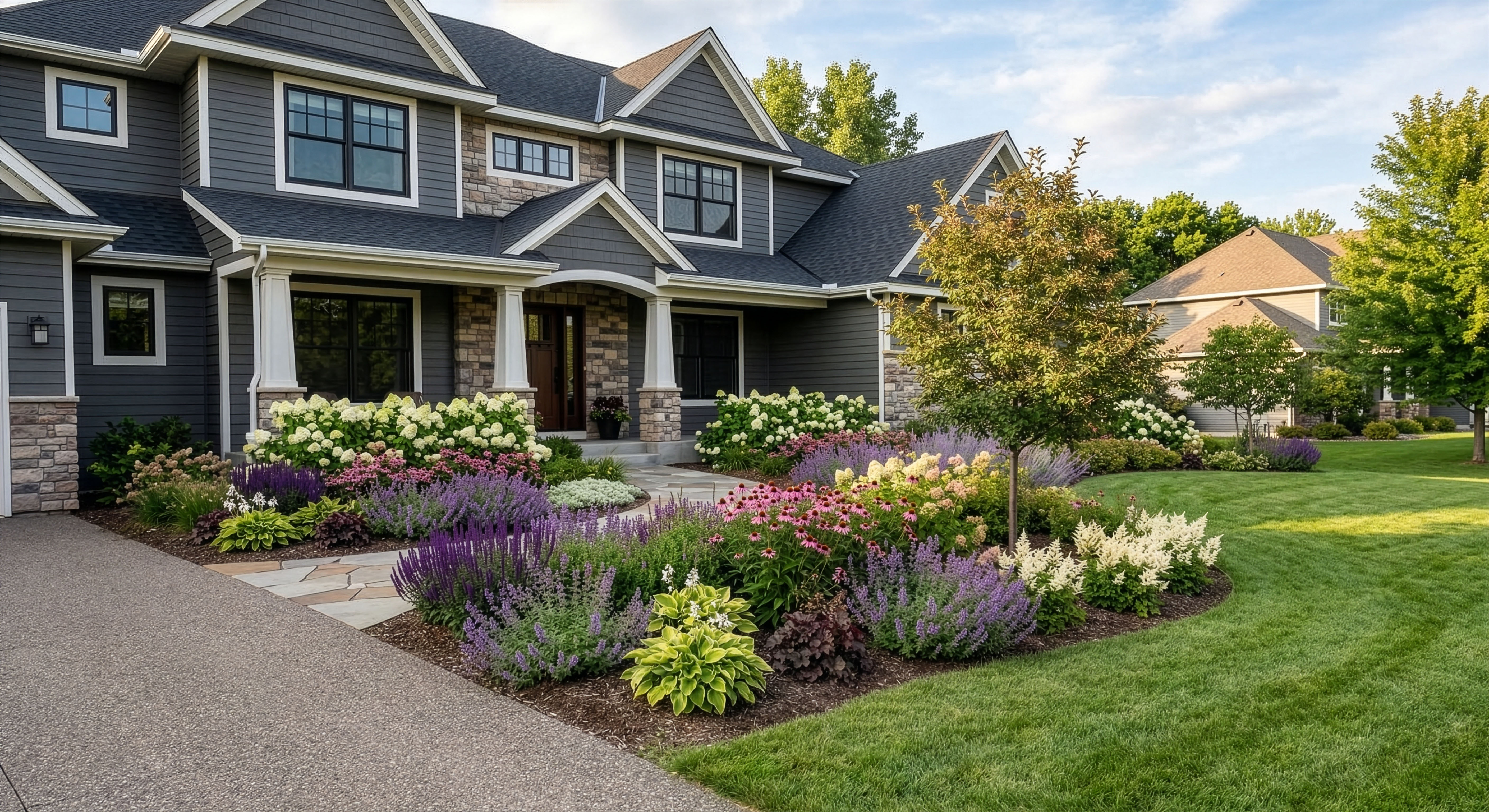 Colorful perennial planting along a front walk.