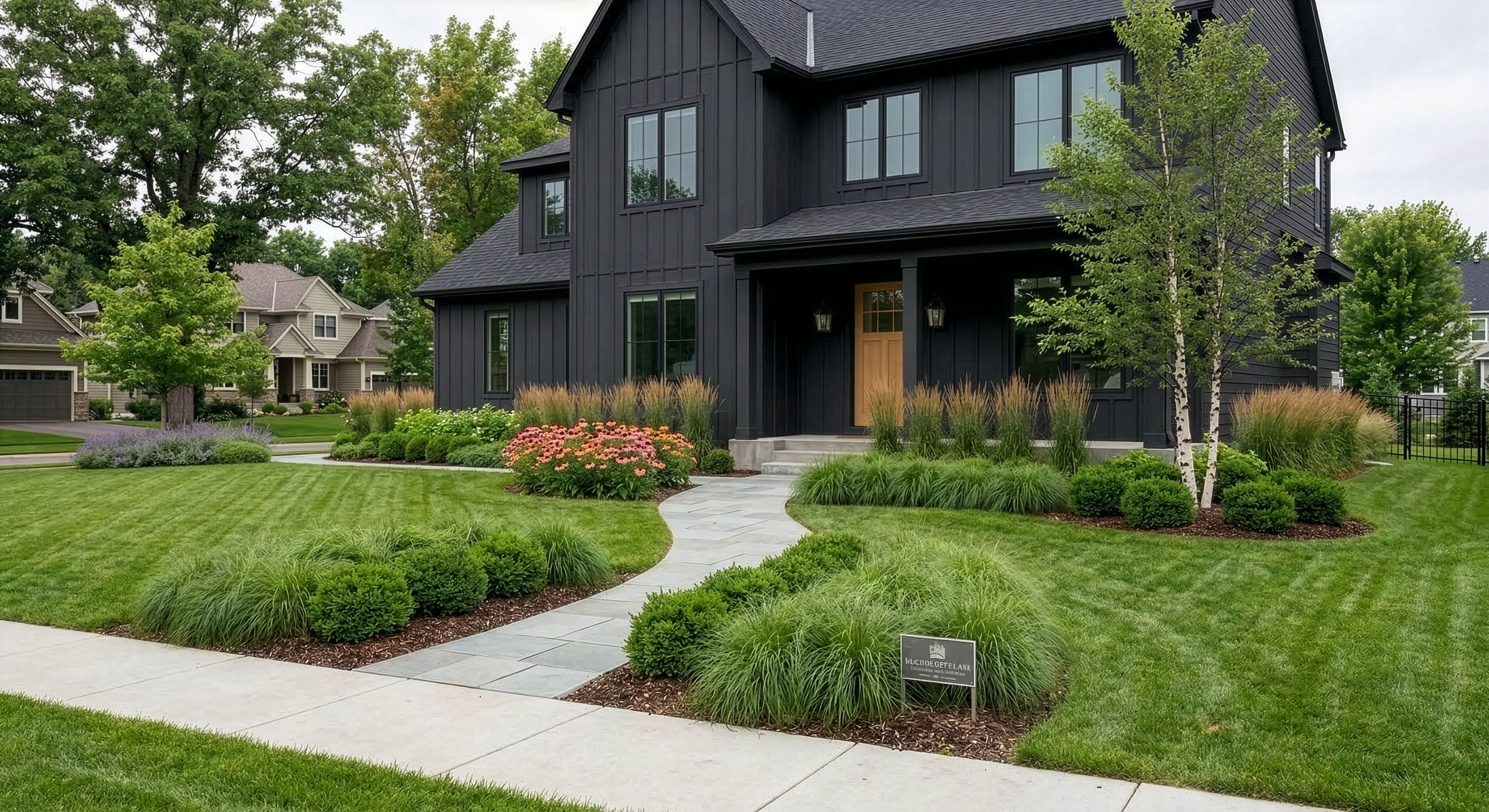 Layered garden beds glowing around a front entry at dusk.