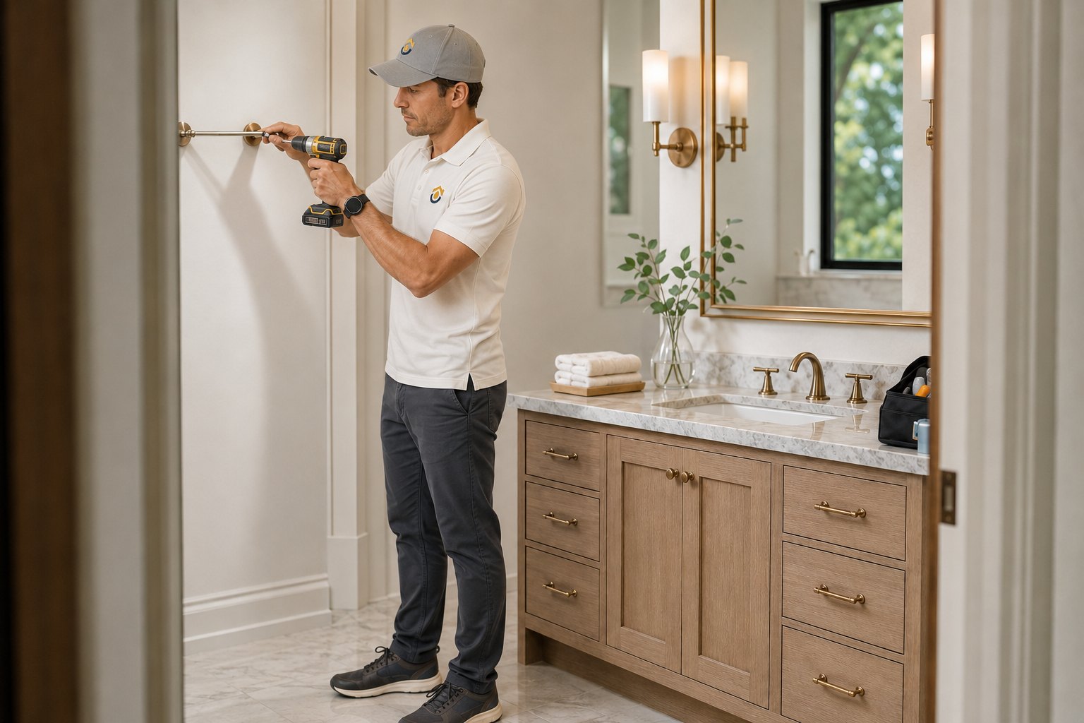 A Hatchwell Homes technician installing a towel bar in a bathroom.