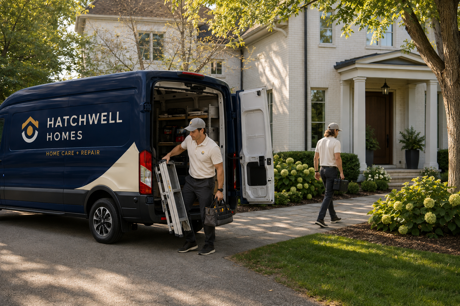 Hatchwell Homes Home Care technicians arriving at a member home with a service van and tools.