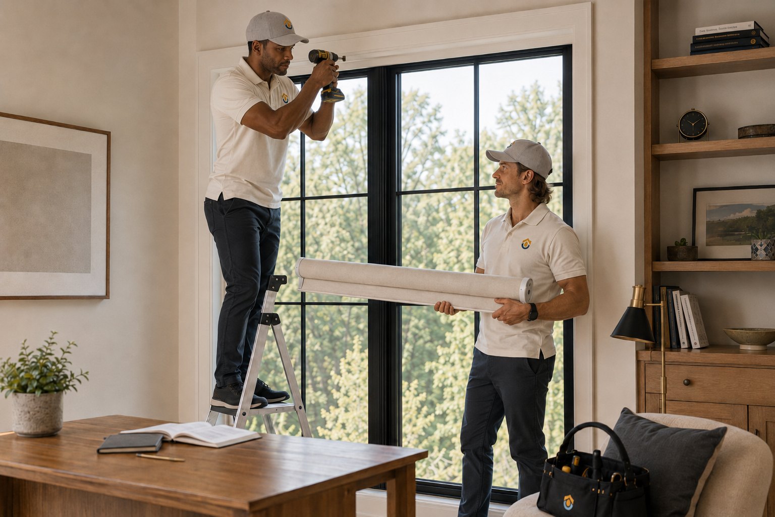 Two Hatchwell Homes technicians installing a window shade in a home office.