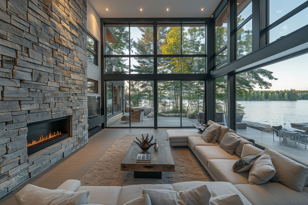 A well-cared-for Twin Cities home with a stone fireplace and expansive windows.