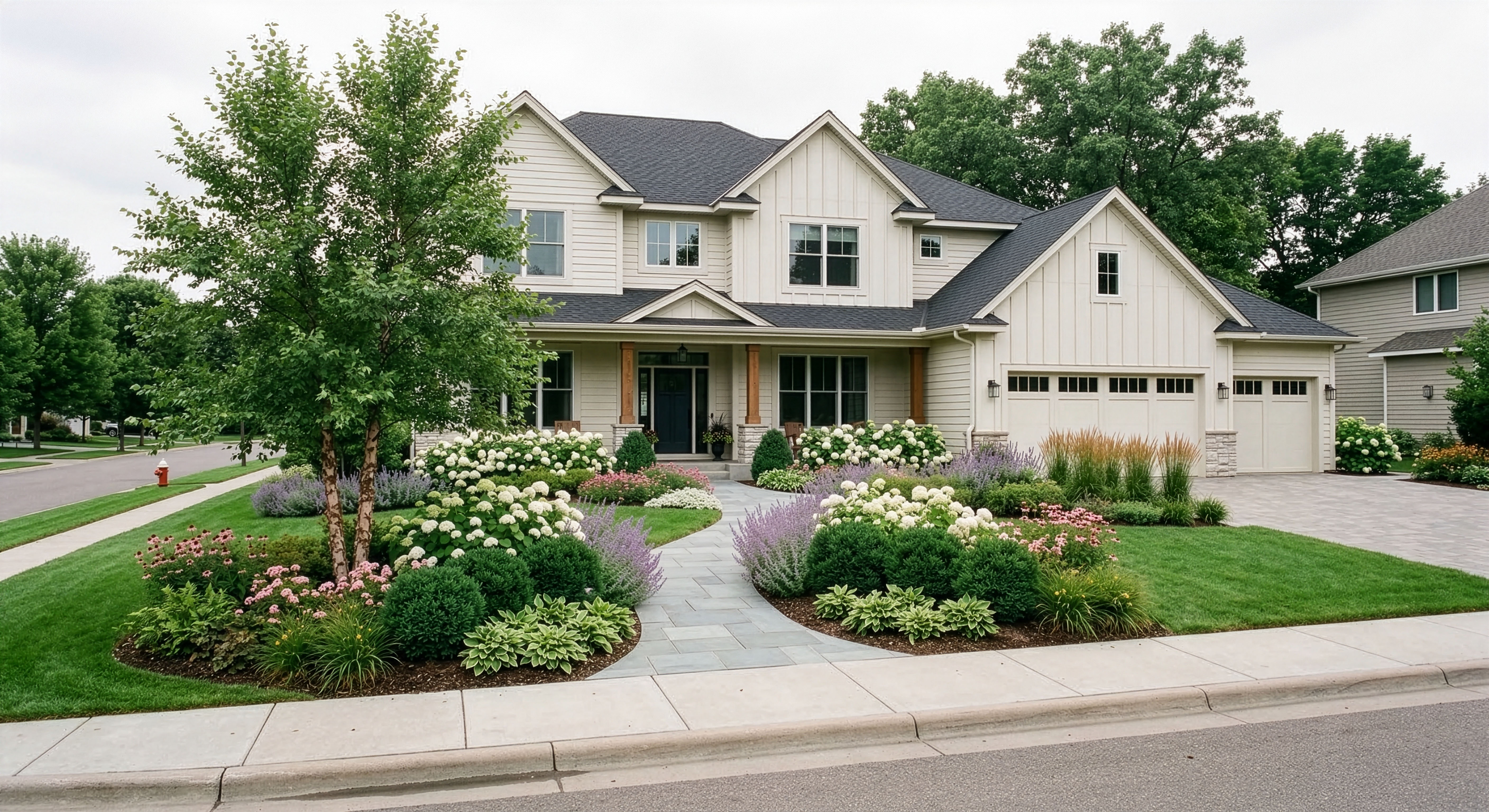 A layered front yard landscape with lawn, trees, and planted areas.