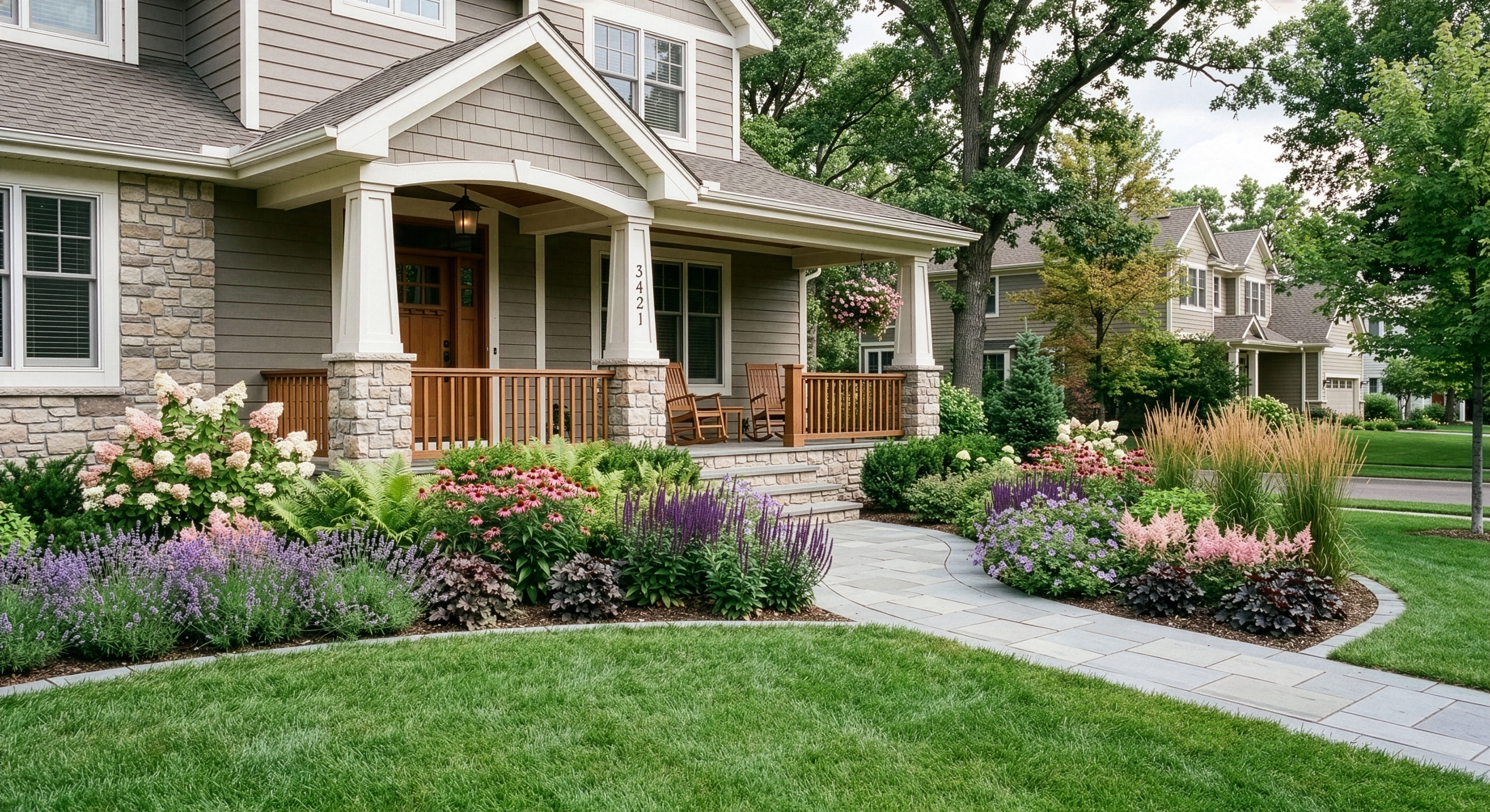A residential property with lawn, trees, and garden beds working together.