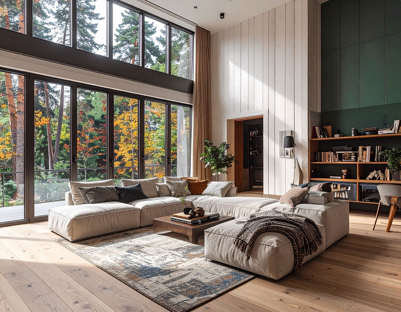 A living room with a full wall of clean windows looking out to trees.