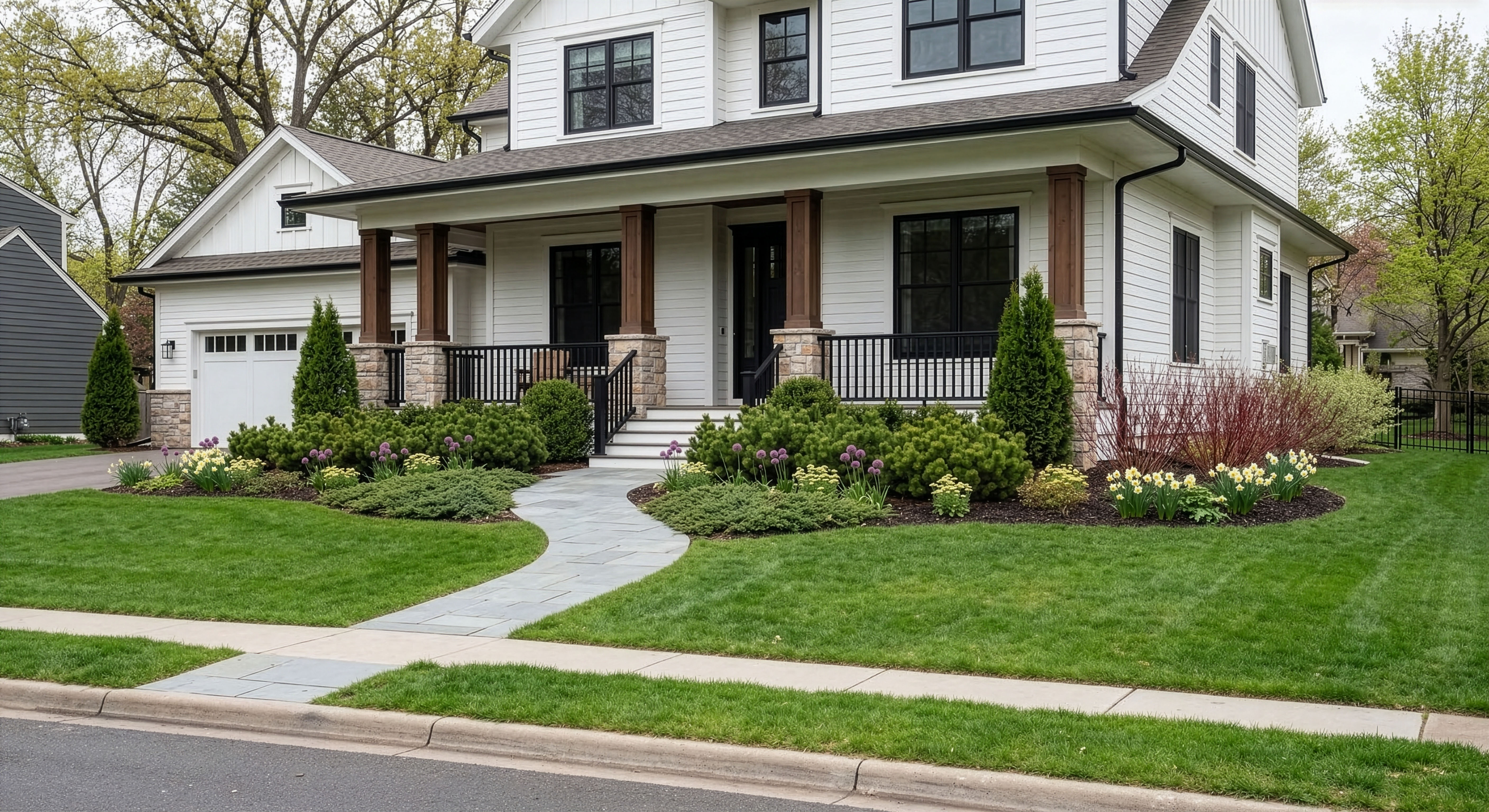 A cared-for home with a clean lawn, planted beds, and front walk.